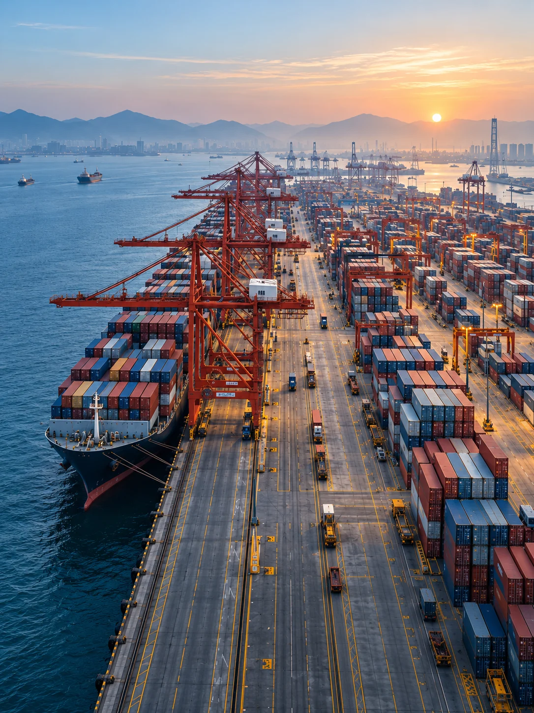 International container terminal at sunrise